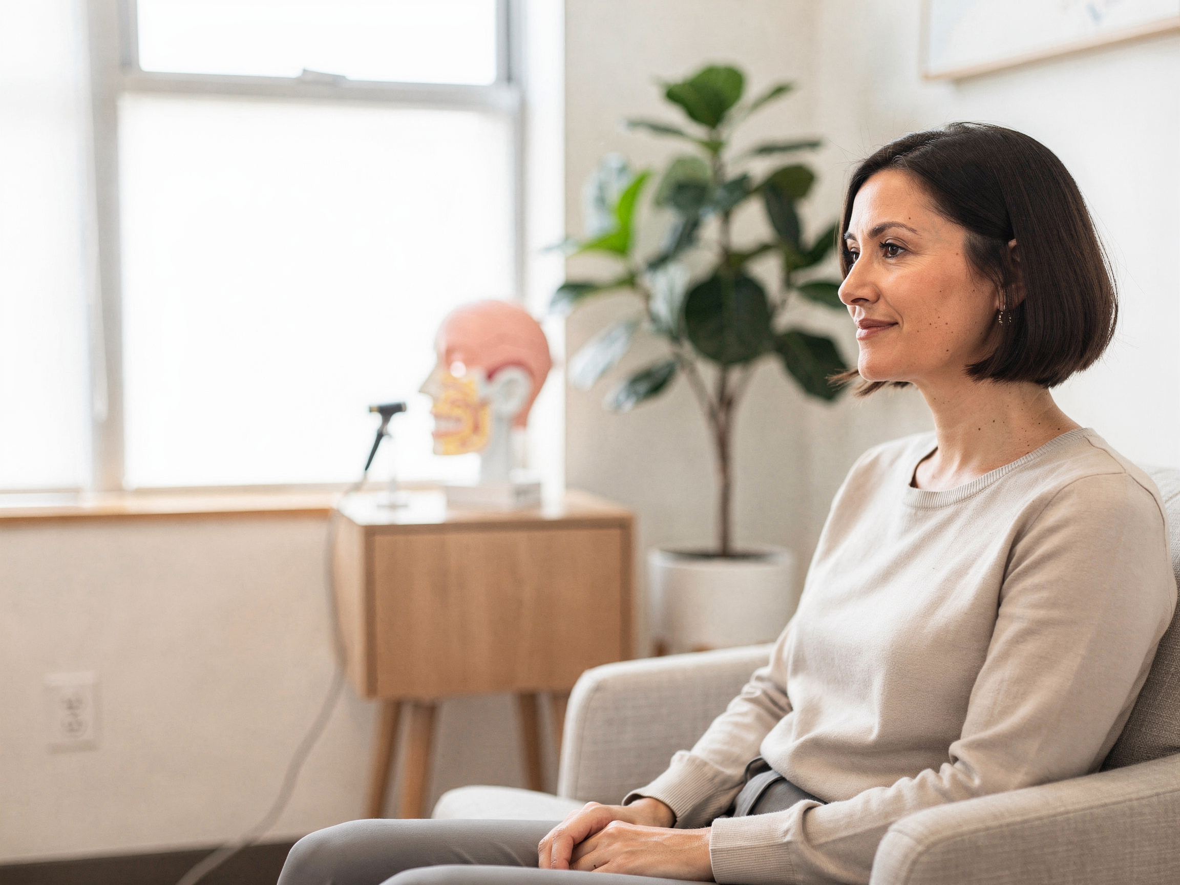 Woman sitting in a bright clinic consultation room with an anatomical sinus model on a wooden desk behind her